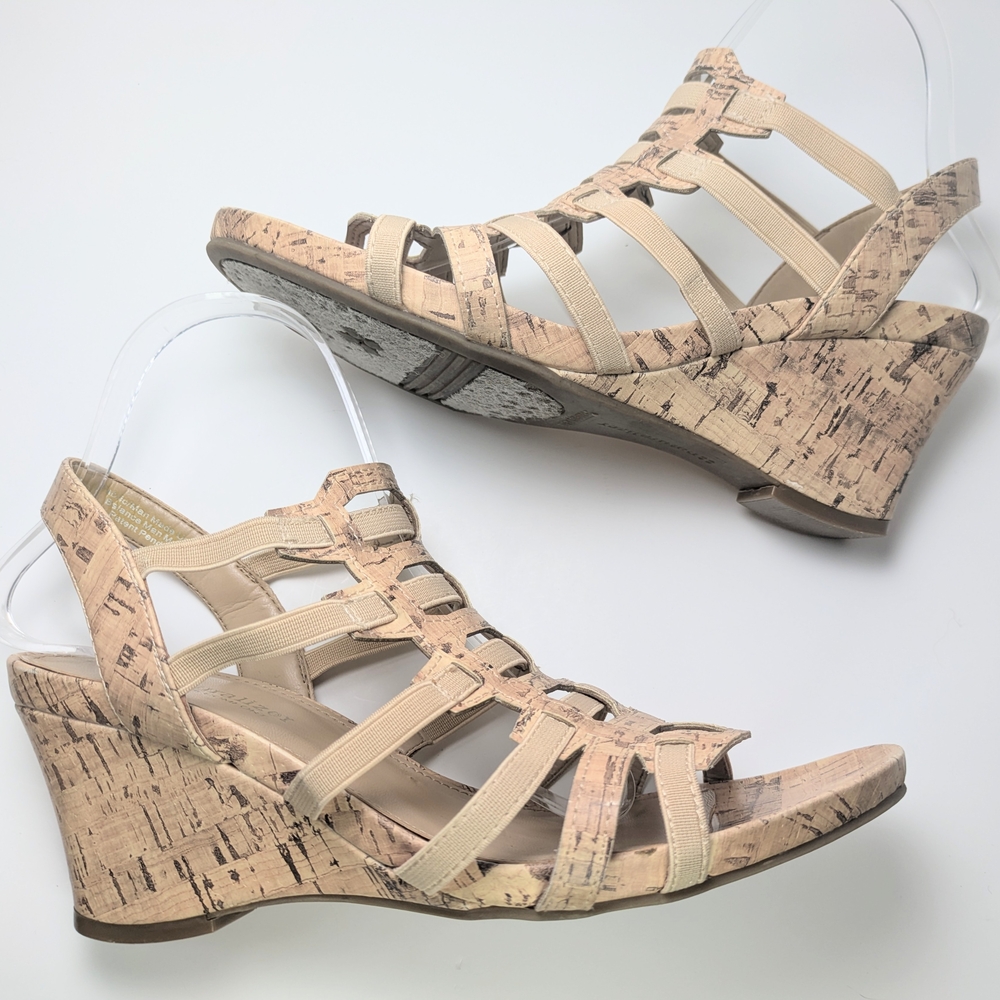 Naturalizer N9 Strappy Wedge Cork & Beige Sandals Womens Size 9.5 W